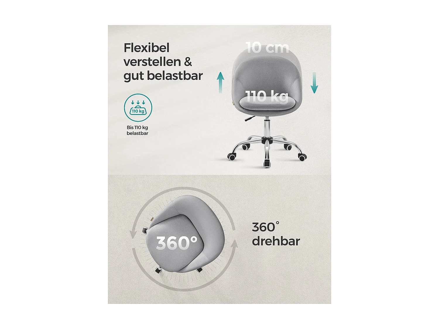 SONGMICS Homeoffice OBG020G01 Drejestol, skrivebordsstol, skumpolstring, højdejusterbar, til studie, soveværelse, grå