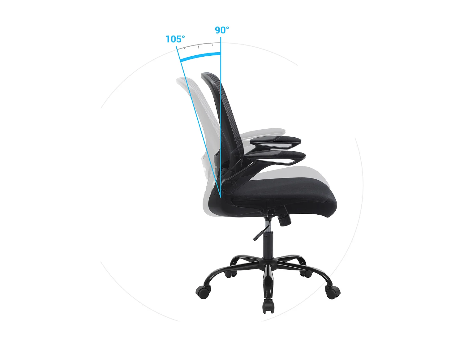 Kontorstol, skrivebordsstol, drejestol i mesh, ergonomisk computerstol, lændestøtte, oscillerende, sæde 53 cm, sammenklappelige armlæn, sort OBN37BKV1