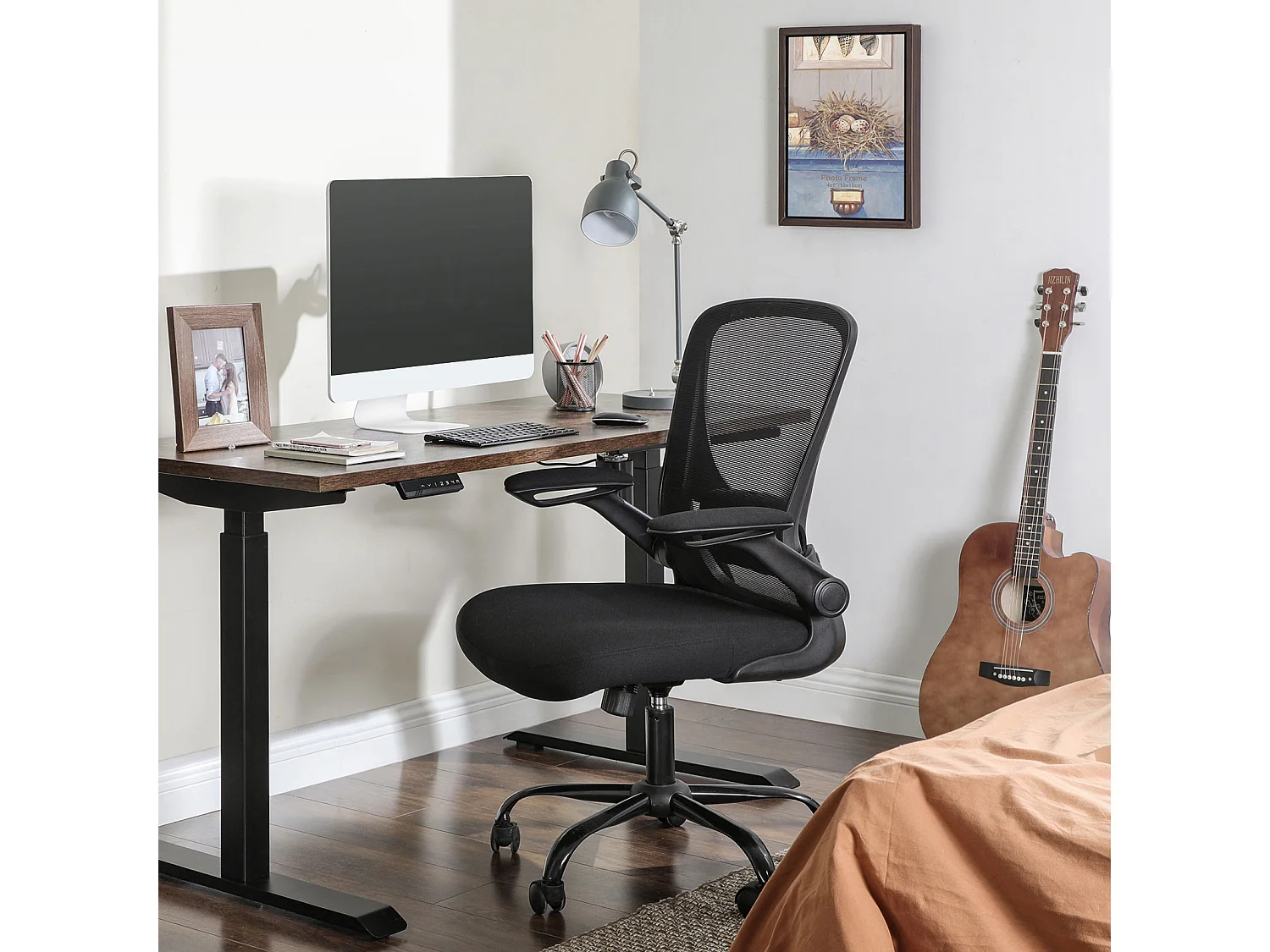 Kontorstol, skrivebordsstol, drejestol i mesh, ergonomisk computerstol, lændestøtte, oscillerende, sæde 53 cm, sammenklappelige armlæn, sort OBN37BKV1