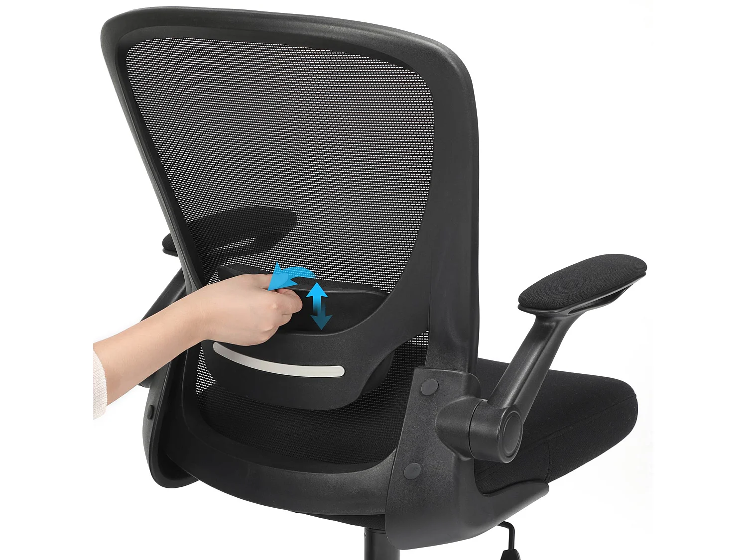 Kontorstol, skrivebordsstol, drejestol i mesh, ergonomisk computerstol, lændestøtte, oscillerende, sæde 53 cm, sammenklappelige armlæn, sort OBN37BKV1