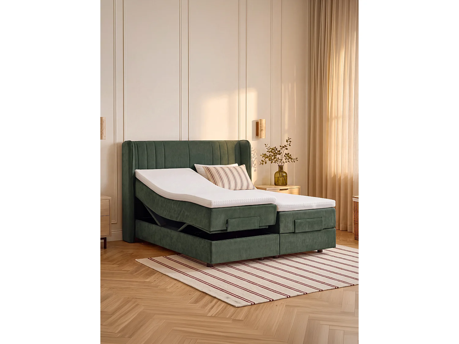 Ensemble complet boxspring tête de lit + sommiers relaxation électrique + matelas + surmatelas - 2 x 90 x 200 cm - Tissu chenille - Vert - HELOZA de YSMÉE