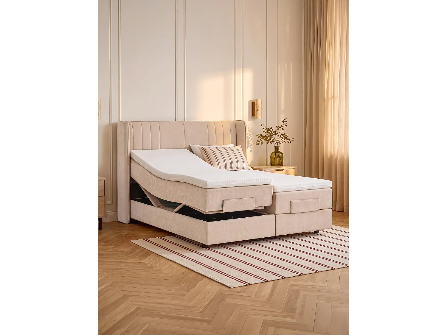 Ensemble complet boxspring tête de lit + sommiers relaxation électrique + matelas + surmatelas - 2 x 80 x 200 cm - Tissu chenille - Beige - HELOZA de YSMÉE