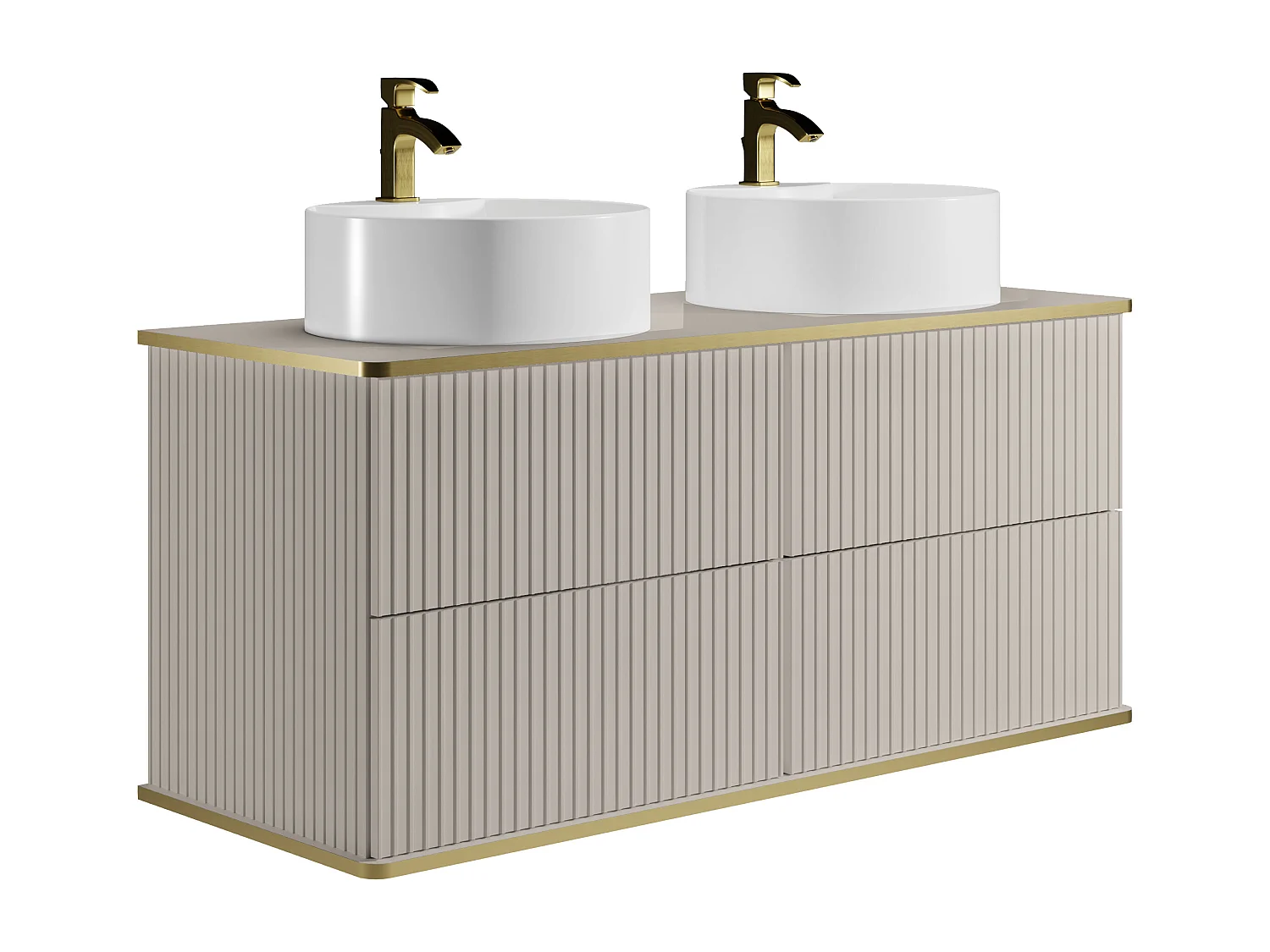Meuble de salle de bain suspendu strié liseré doré avec double vasque à poser ronde - Beige - 120 cm - KELIZA
