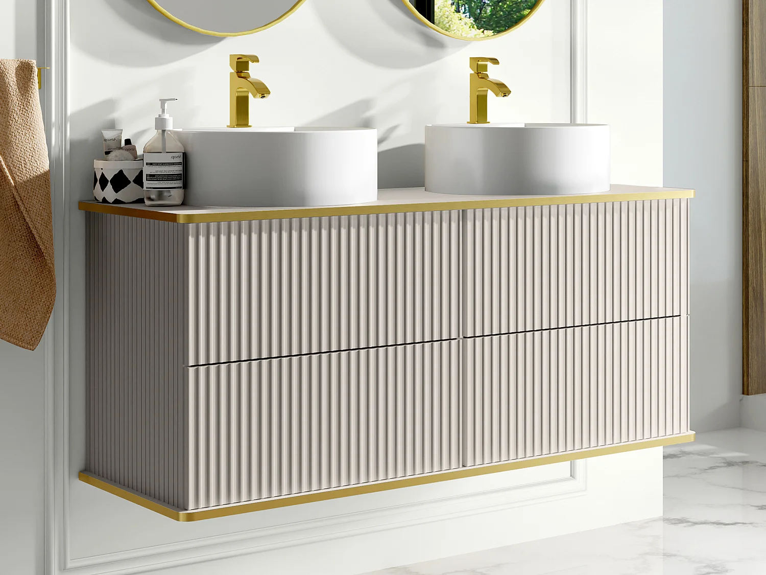 Meuble de salle de bain suspendu strié liseré doré avec double vasque à poser ronde - Beige - 120 cm - KELIZA