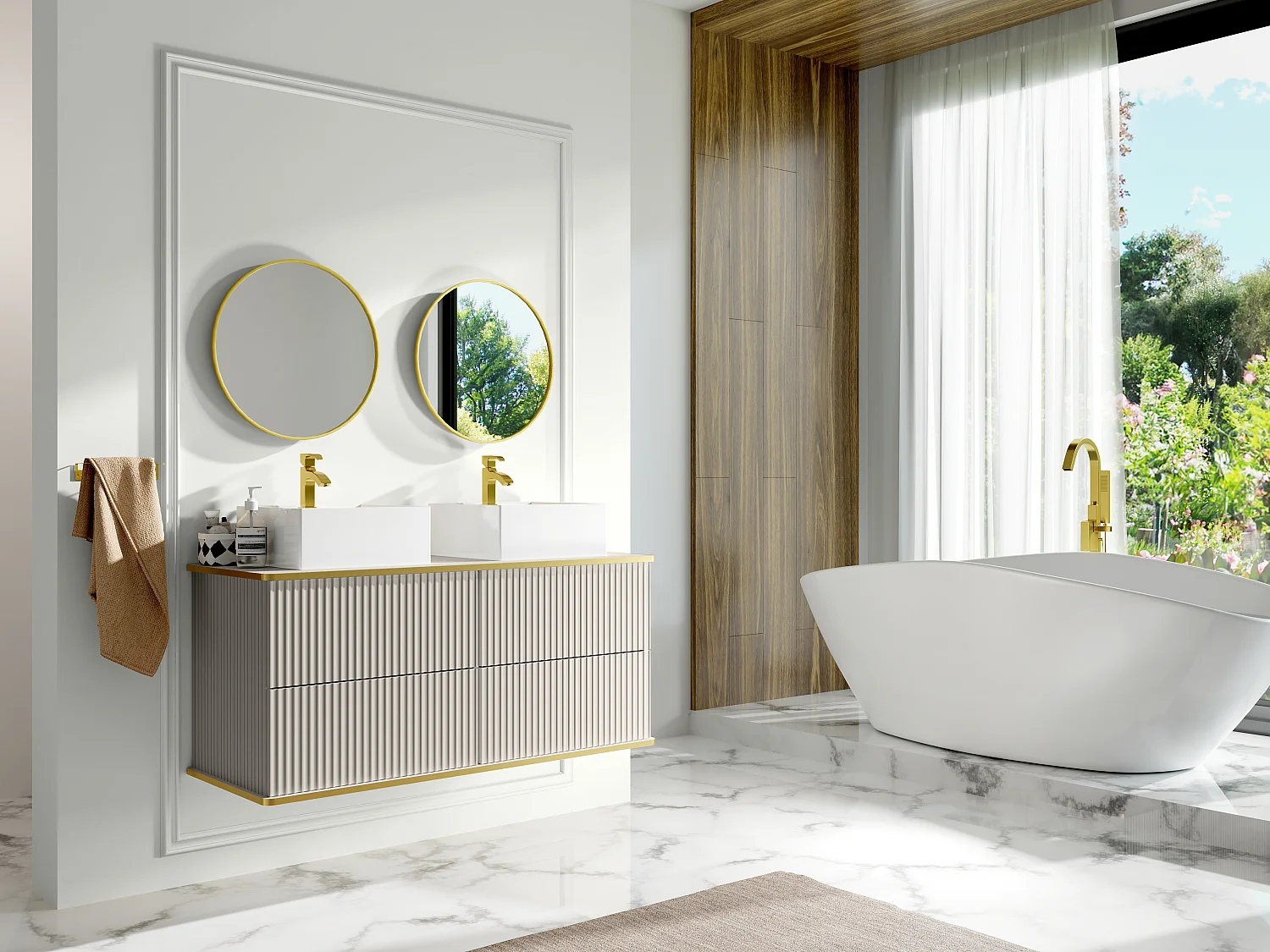 Meuble de salle de bain suspendu strié liseré doré avec double vasque à poser carrée - Beige - 120 cm - KELIZA