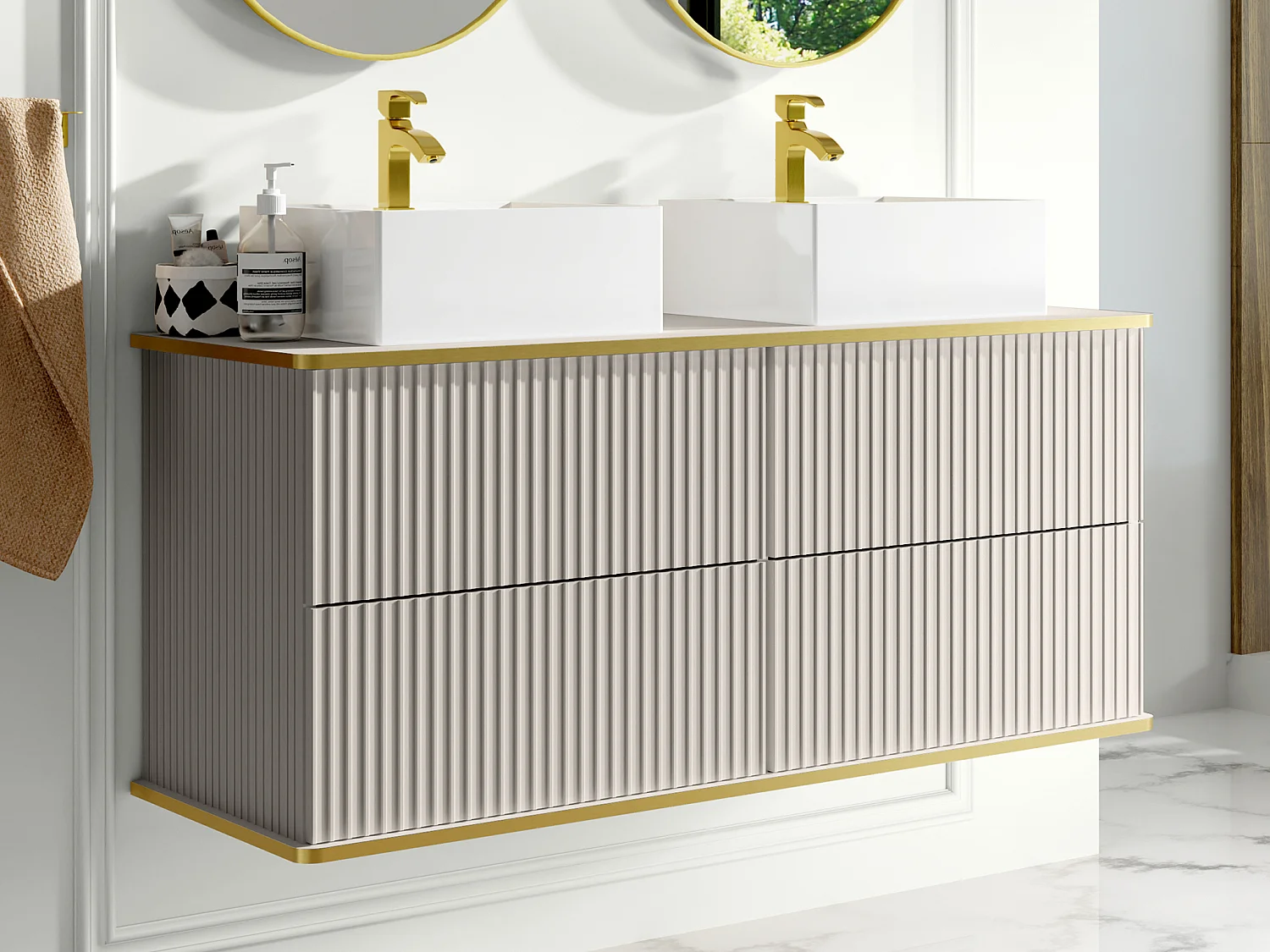 Meuble de salle de bain suspendu strié liseré doré avec double vasque à poser carrée - Beige - 120 cm - KELIZA