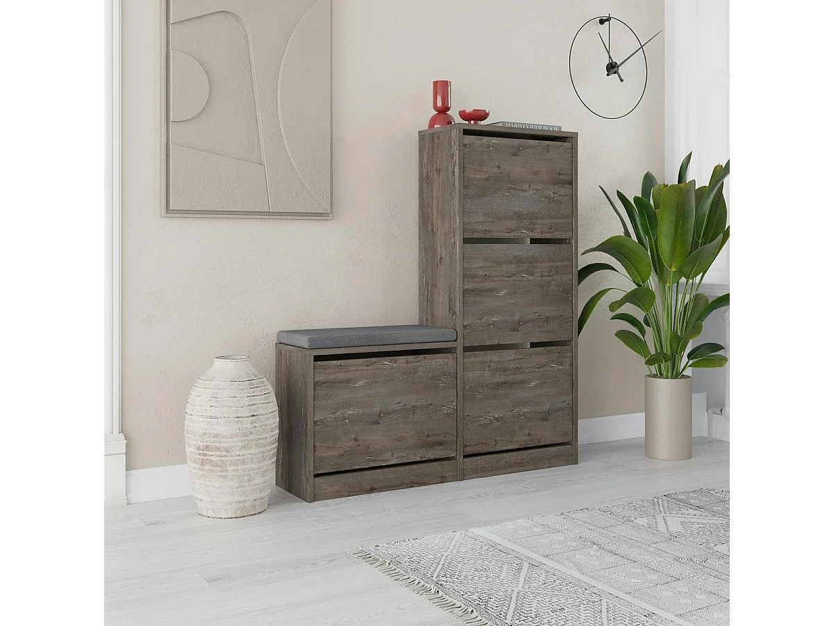 Meuble à chaussures 4 portes et banc décor brun foncé MARFA