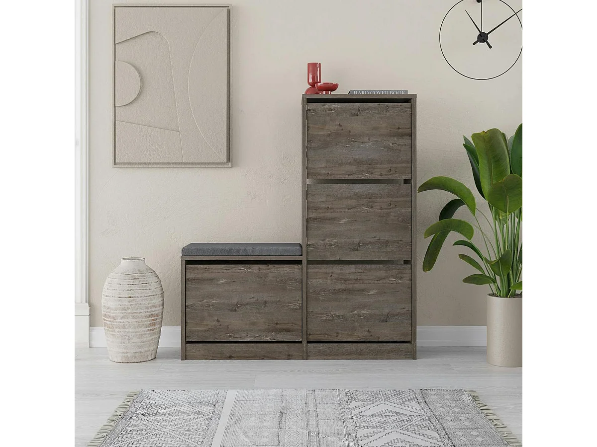 Meuble à chaussures 4 portes et banc décor brun foncé MARFA