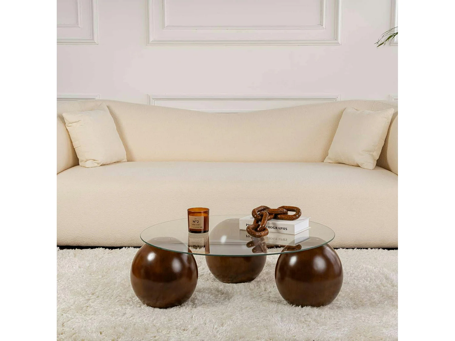 Table basse ronde en verre 3 pieds boule KOCHI