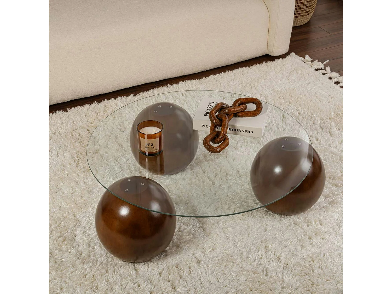 Table basse ronde en verre 3 pieds boule KOCHI