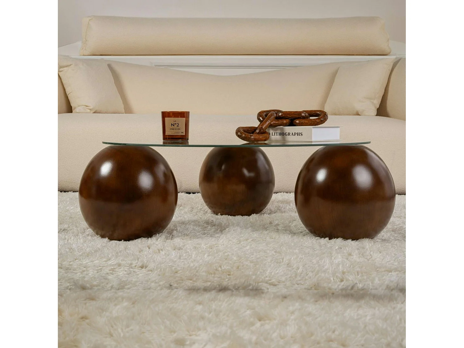 Table basse ronde en verre 3 pieds boule KOCHI