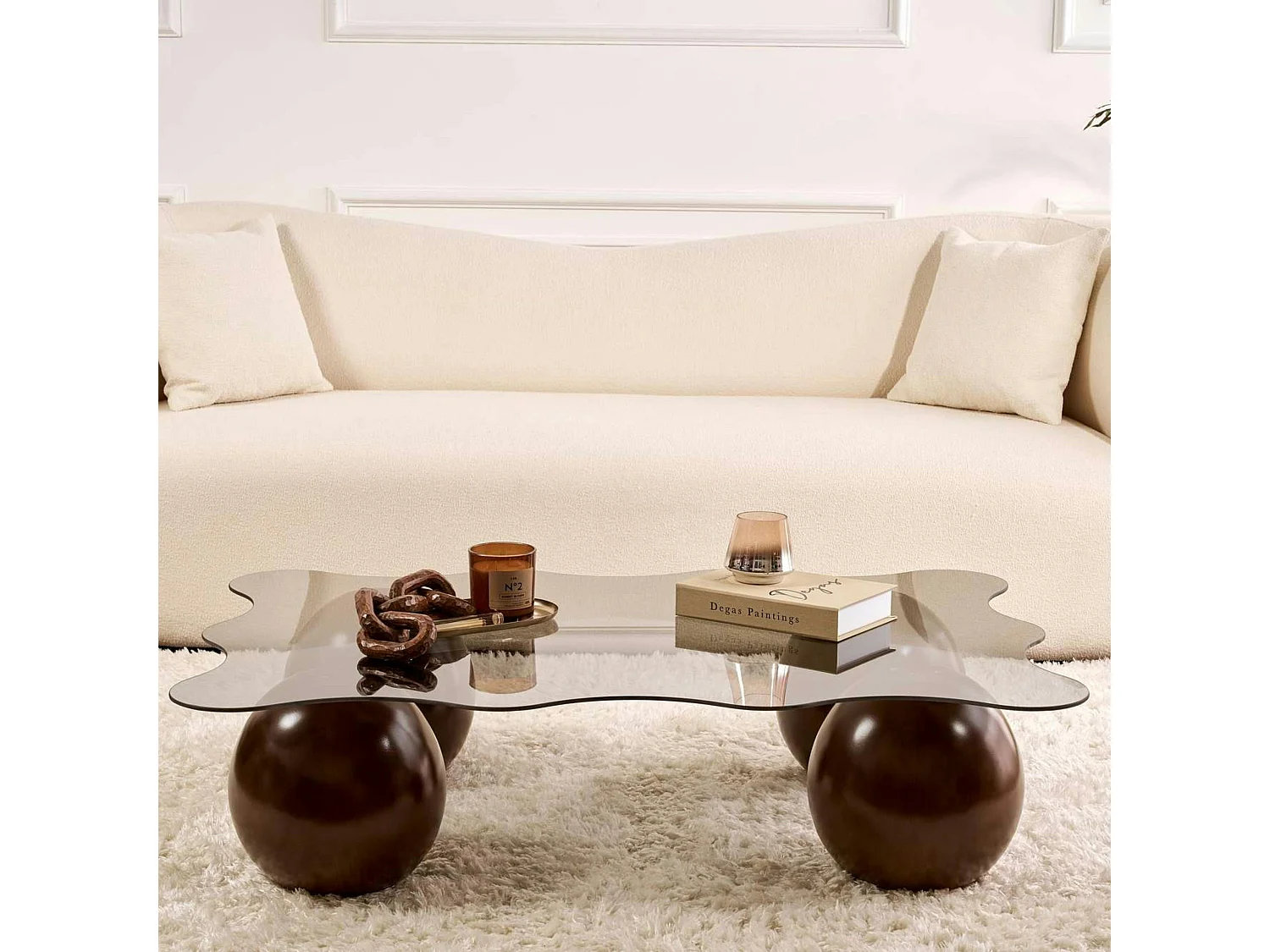 Table basse verre fumé design organique 4 pieds boule KOCHI