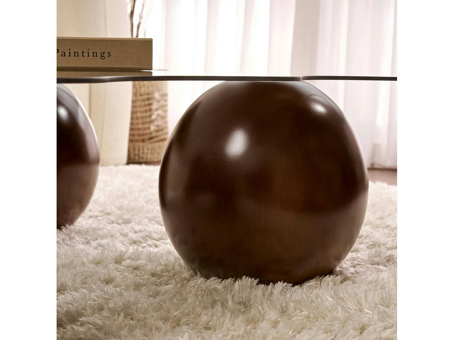 Table basse verre fumé design organique 4 pieds boule KOCHI