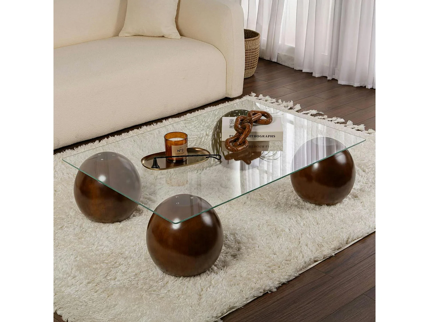 Table basse rectangulaire en verre 4 pieds boule KOCHI