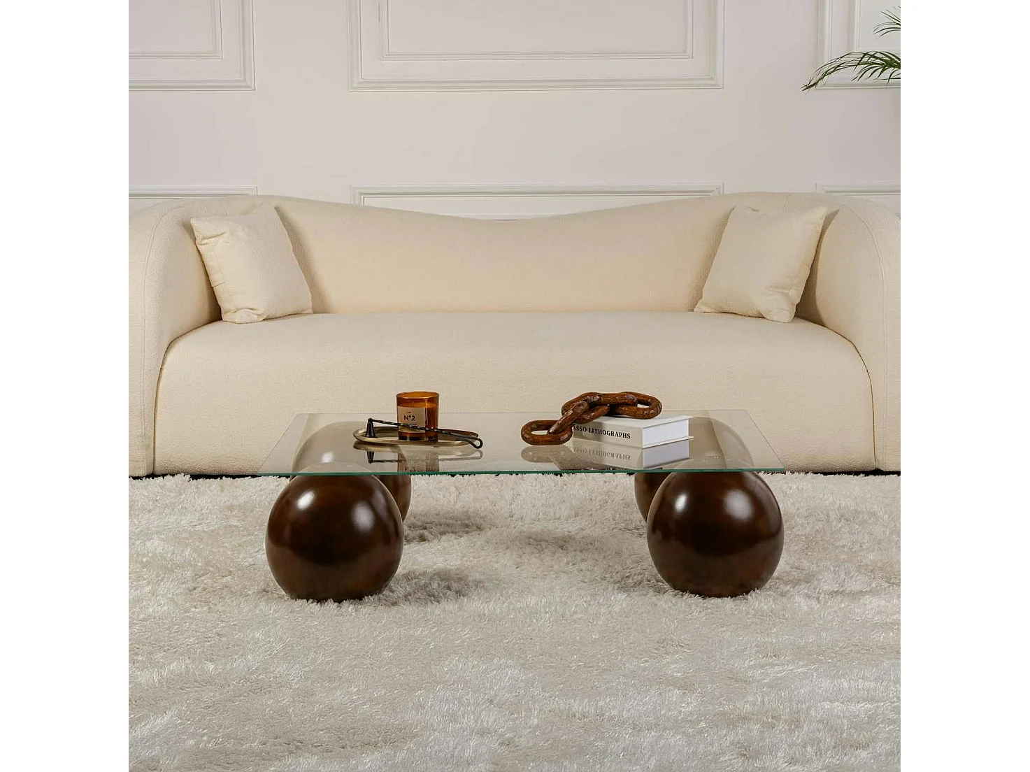 Table basse rectangulaire en verre 4 pieds boule KOCHI