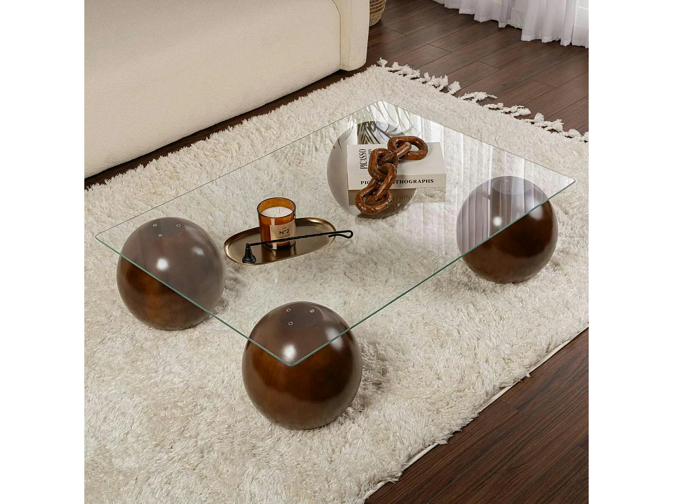 Table basse rectangulaire en verre 4 pieds boule KOCHI