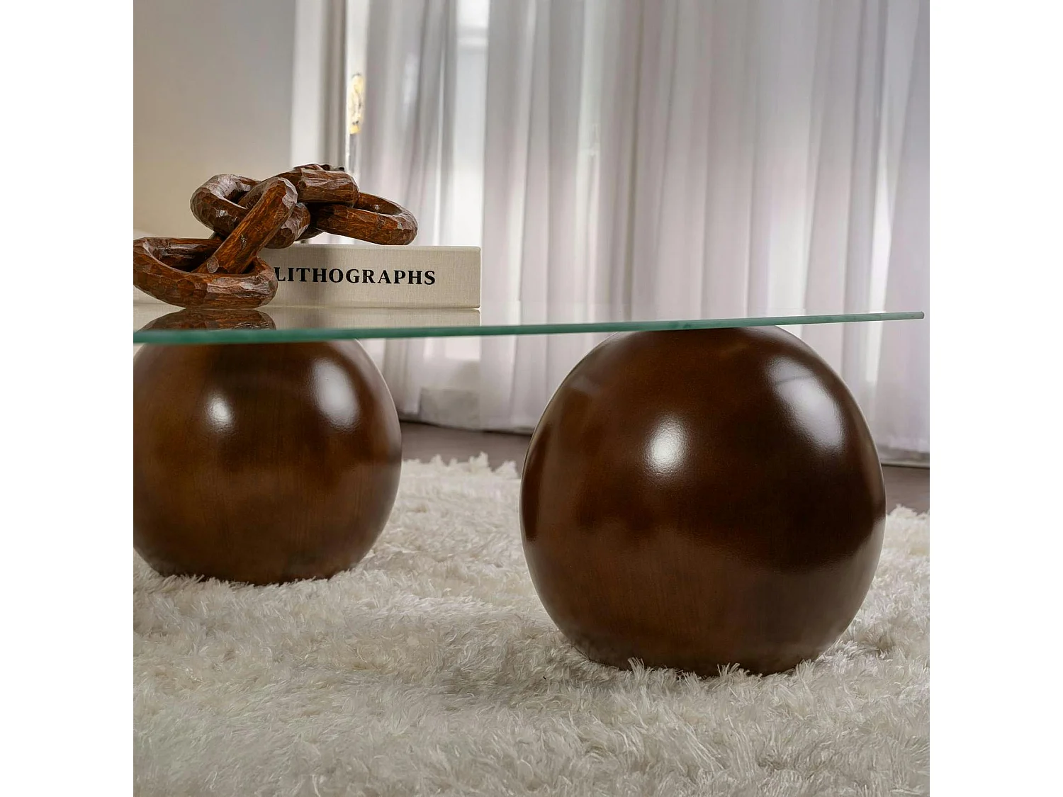 Table basse rectangulaire en verre 4 pieds boule KOCHI
