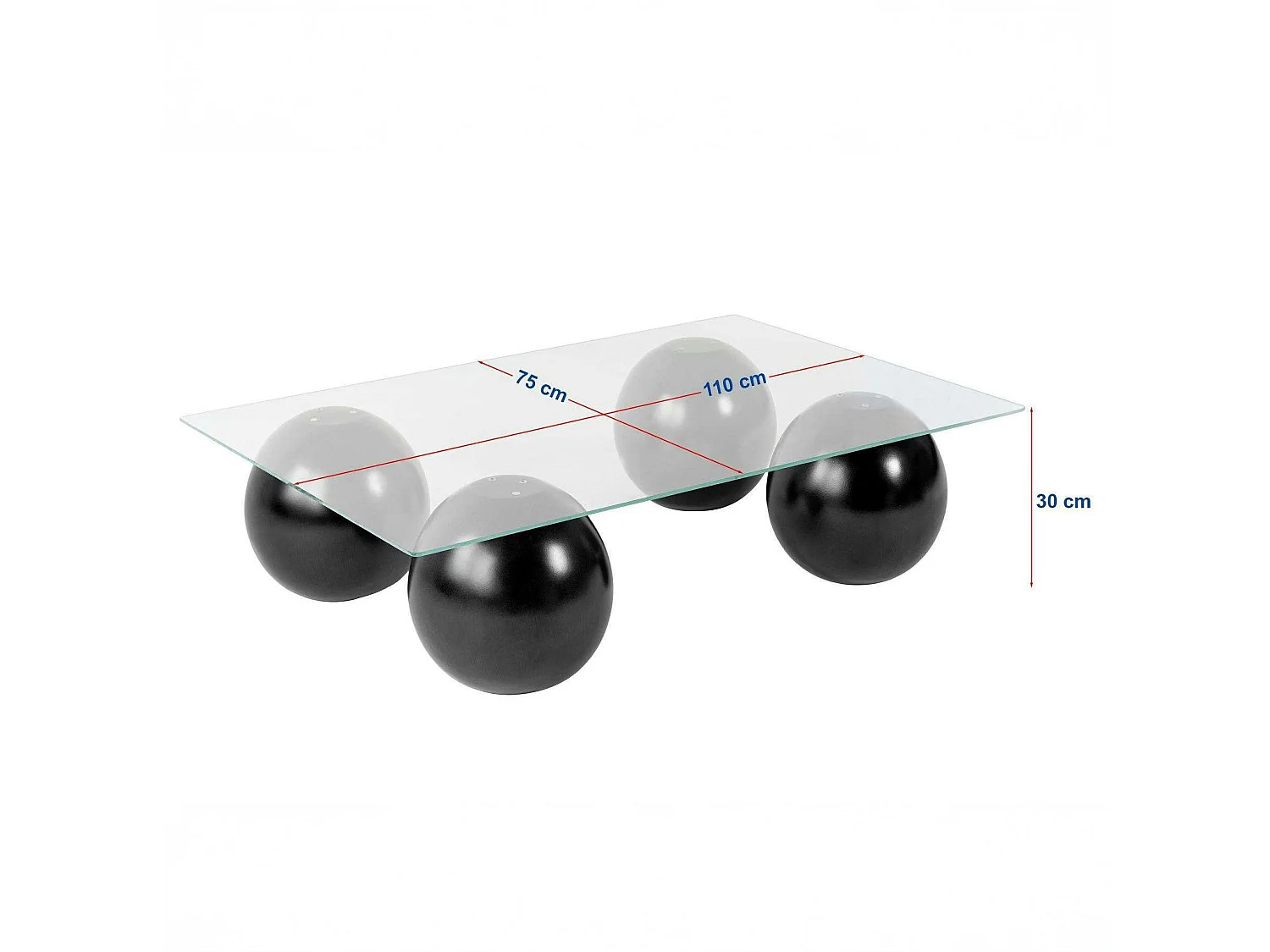 Table basse rectangulaire en verre 4 pieds boule KOCHI