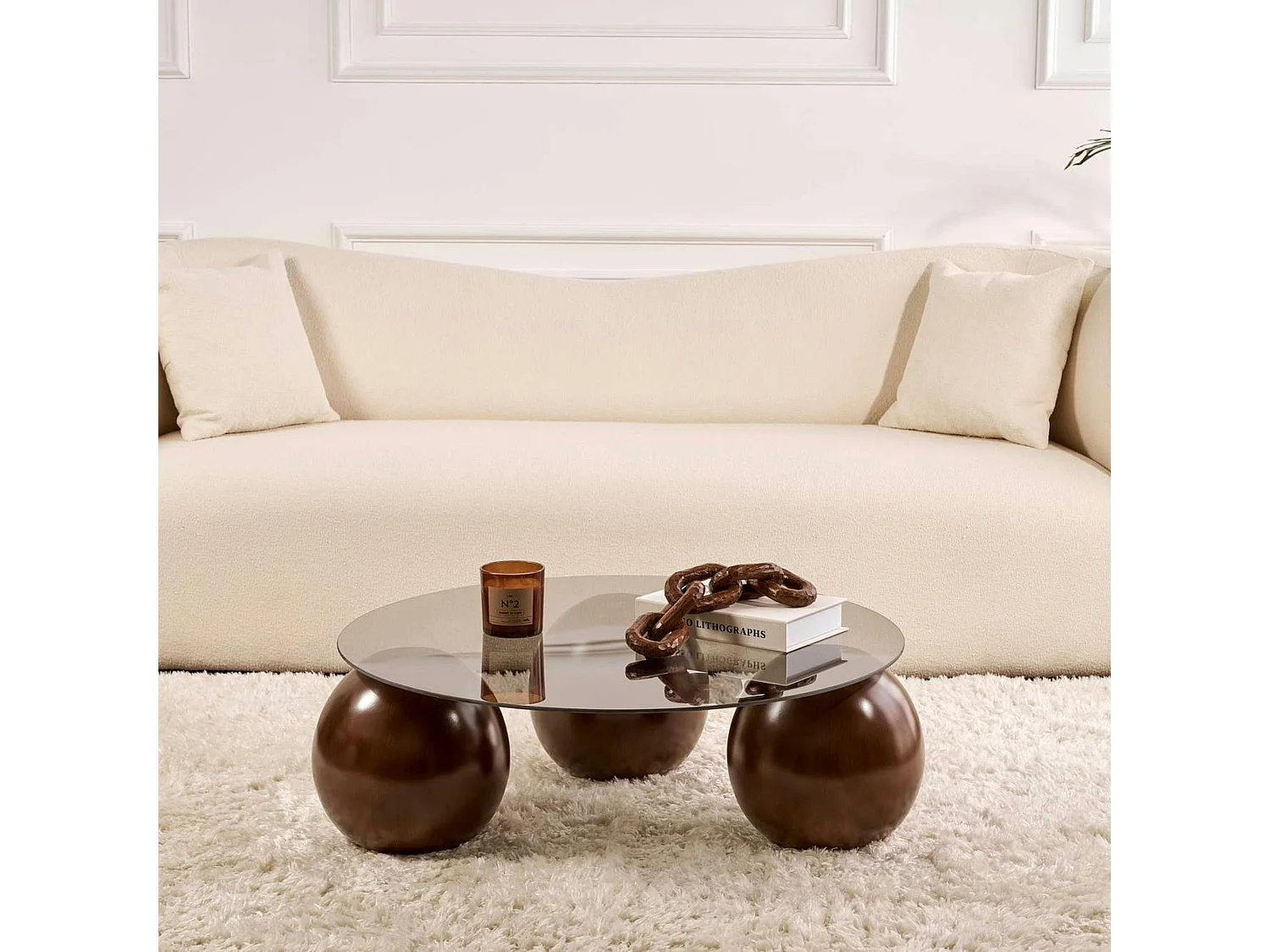 Table basse ronde verre fumé 3 pieds boule KOCHI