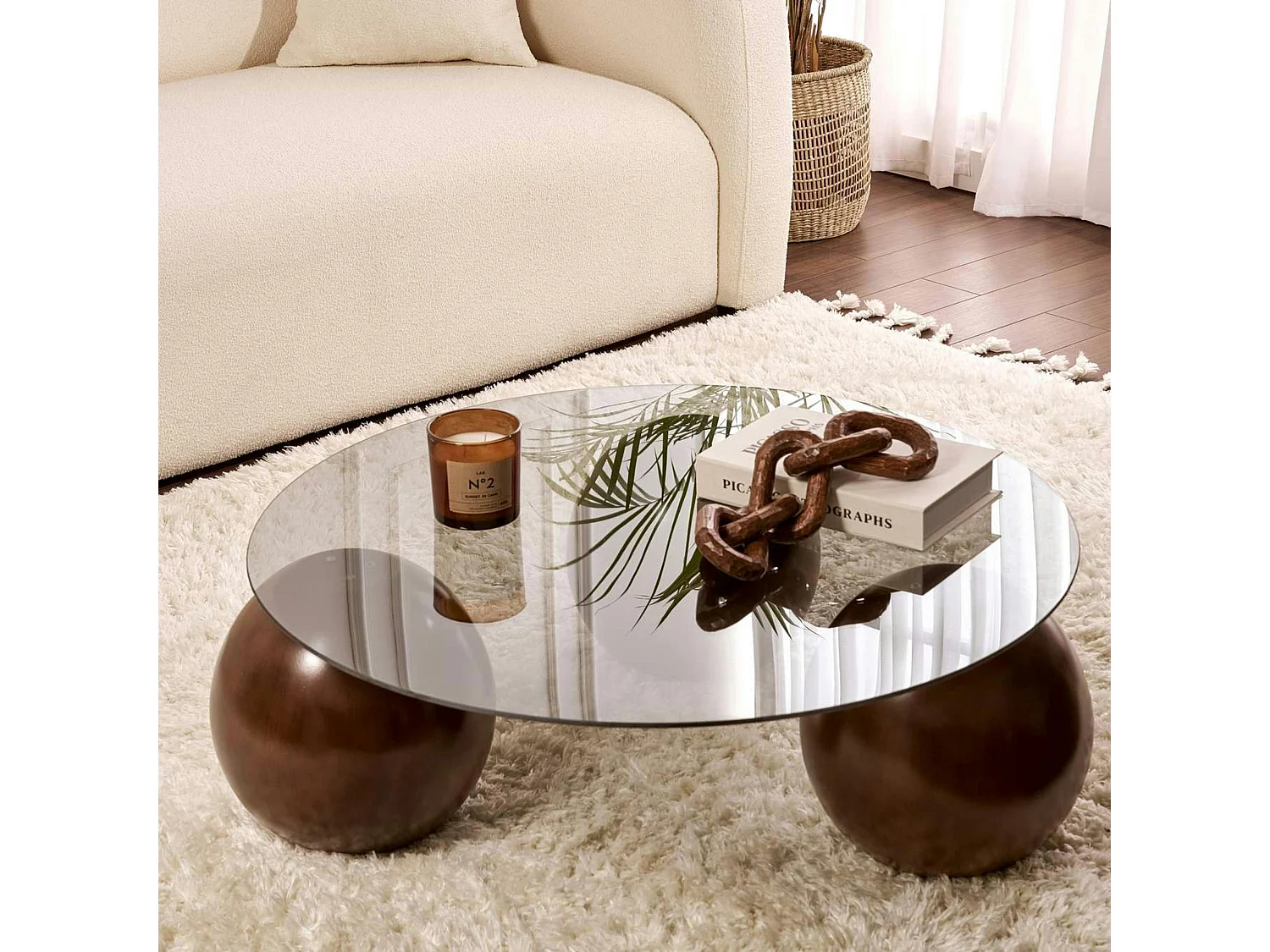 Table basse ronde verre fumé 3 pieds boule KOCHI