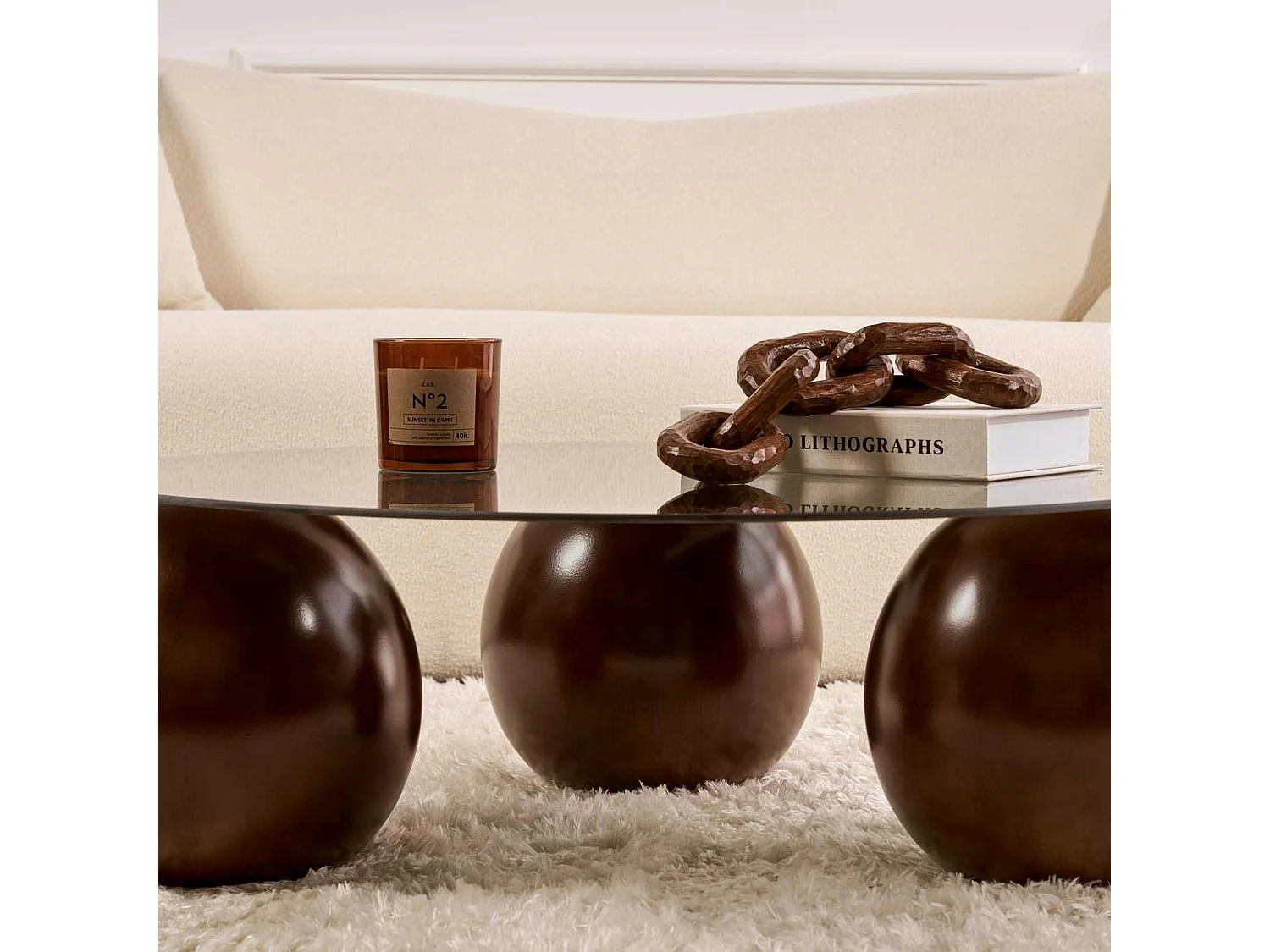 Table basse ronde verre fumé 3 pieds boule KOCHI