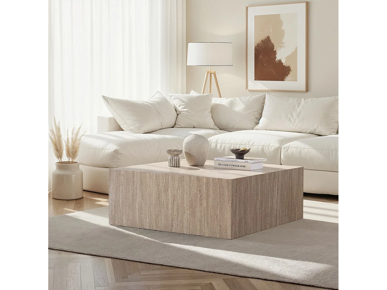 Table Basse en MDF "Prizma" - 90 x 90 x 35 cm - Travertin