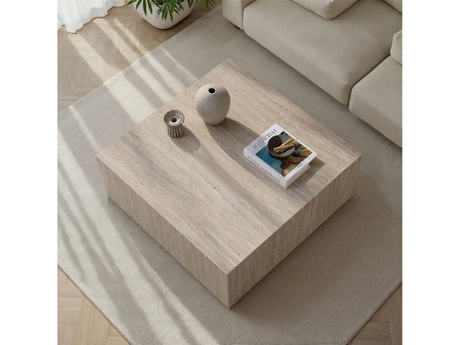 Table Basse en MDF "Prizma" - 90 x 90 x 35 cm - Travertin