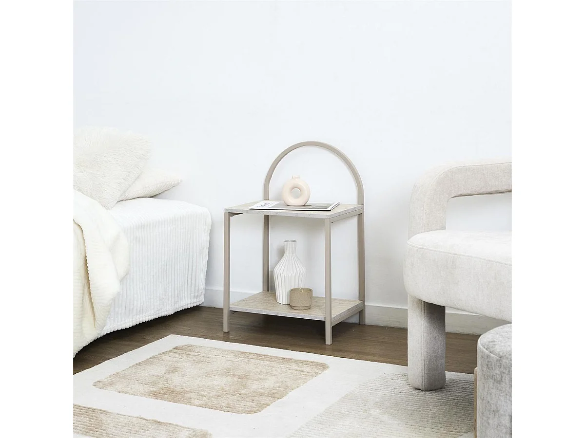 Chevet design arche 2 tablettes en métal laqué beige plateaux aspect pierre naturelle - SHANON