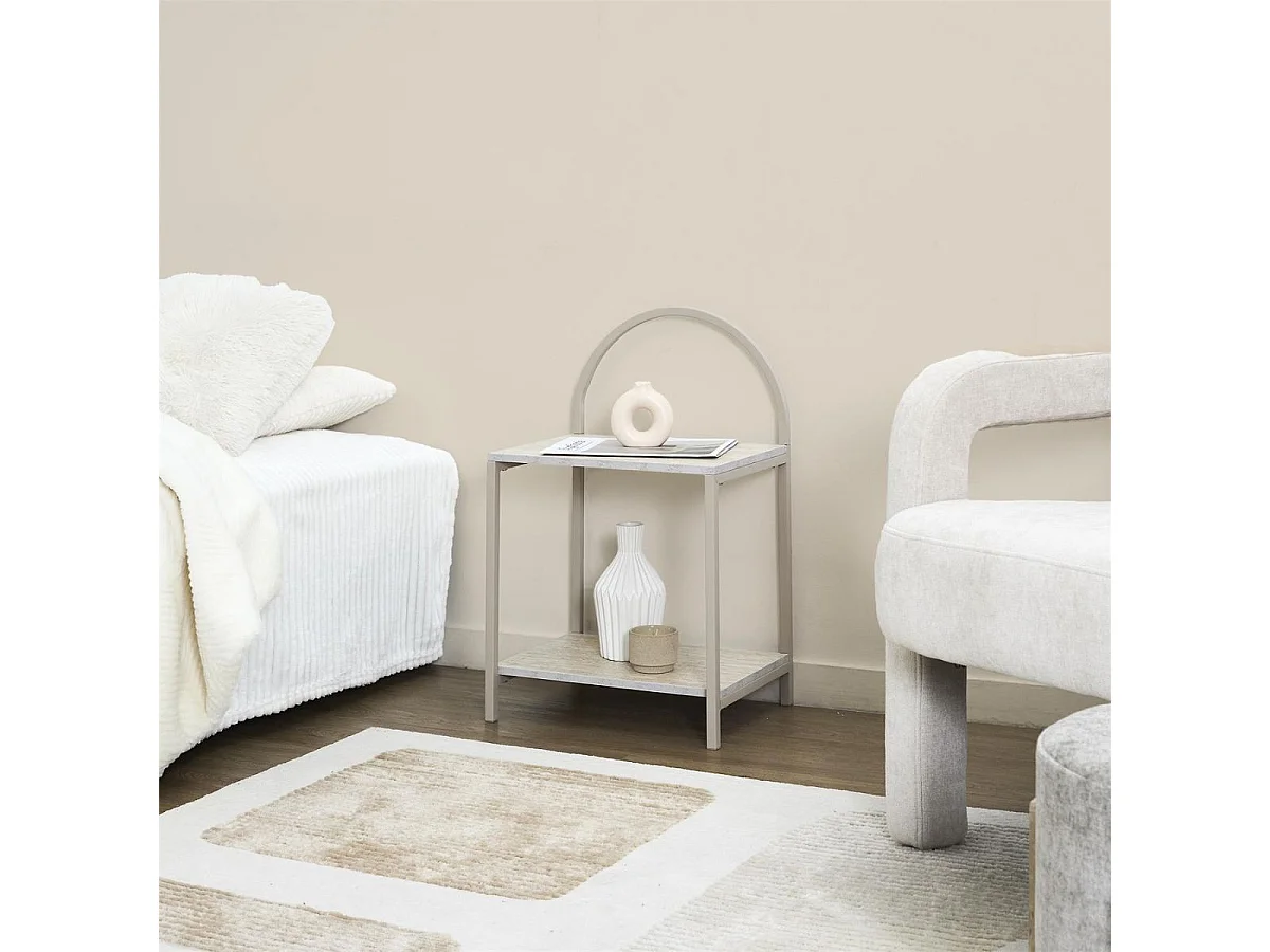 Chevet design arche 2 tablettes en métal laqué beige plateaux aspect pierre naturelle - SHANON