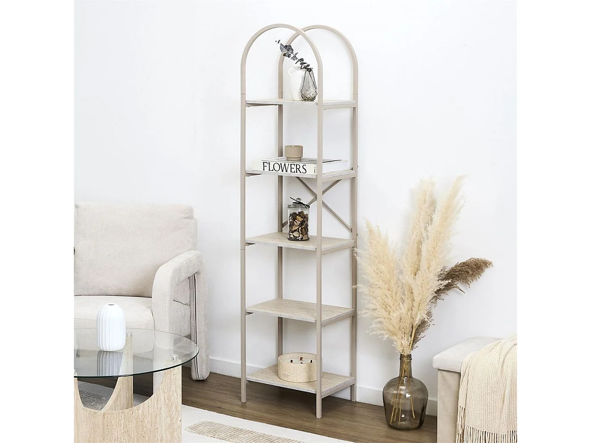 Etagère design arche 5 niveaux en métal laqué beige plateaux MDF aspect pierre naturelle - SHANON