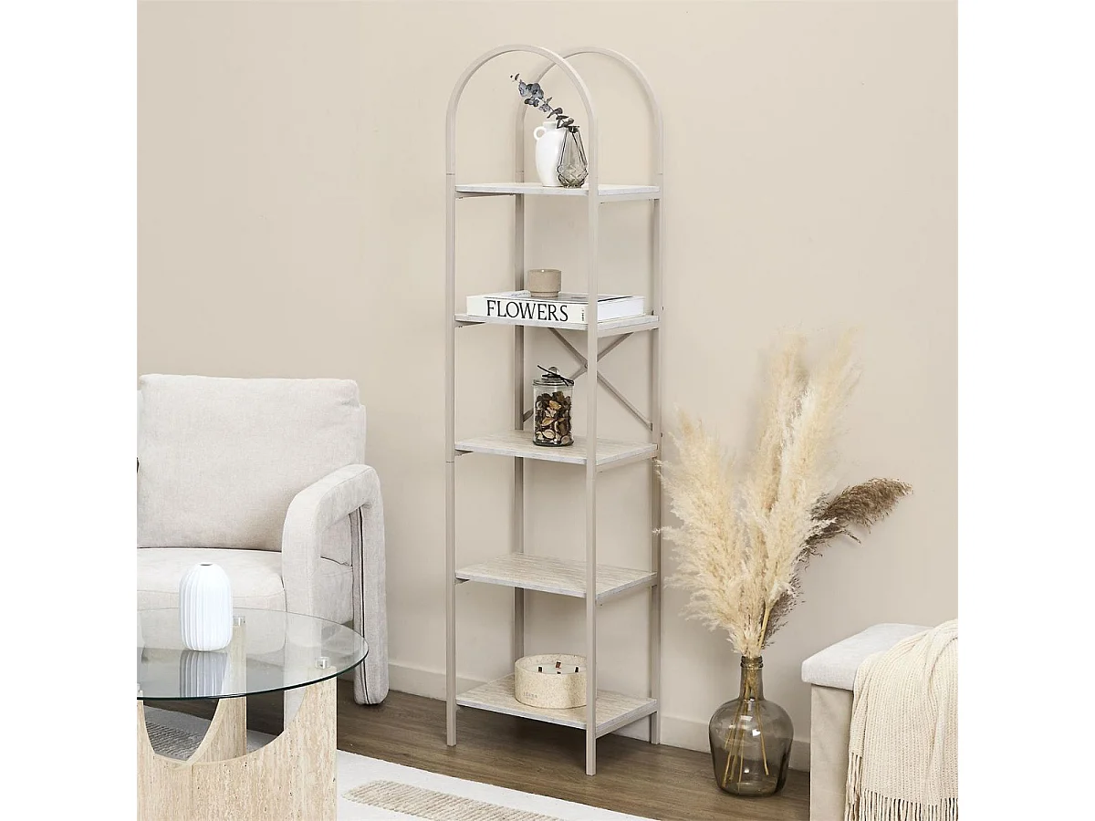 Etagère design arche 5 niveaux en métal laqué beige plateaux MDF aspect pierre naturelle - SHANON