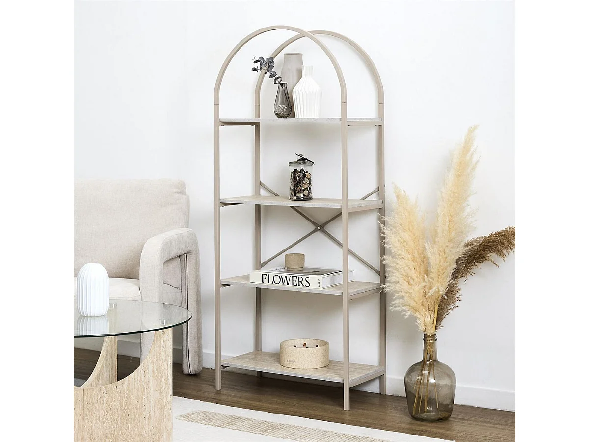 Etagère design arche 4 niveaux en métal laqué beige plateaux MDF aspect pierre naturelle - SHANON