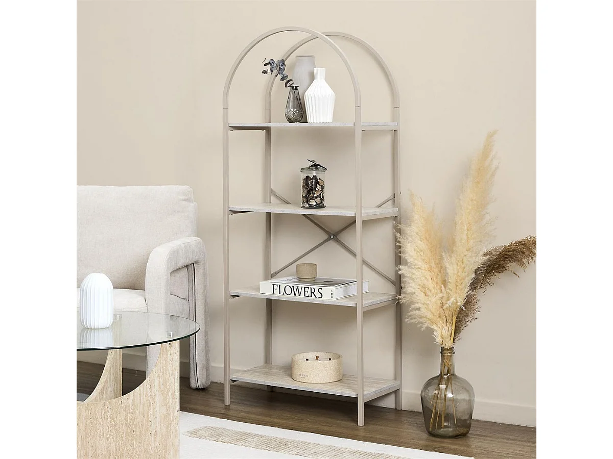 Etagère design arche 4 niveaux en métal laqué beige plateaux MDF aspect pierre naturelle - SHANON