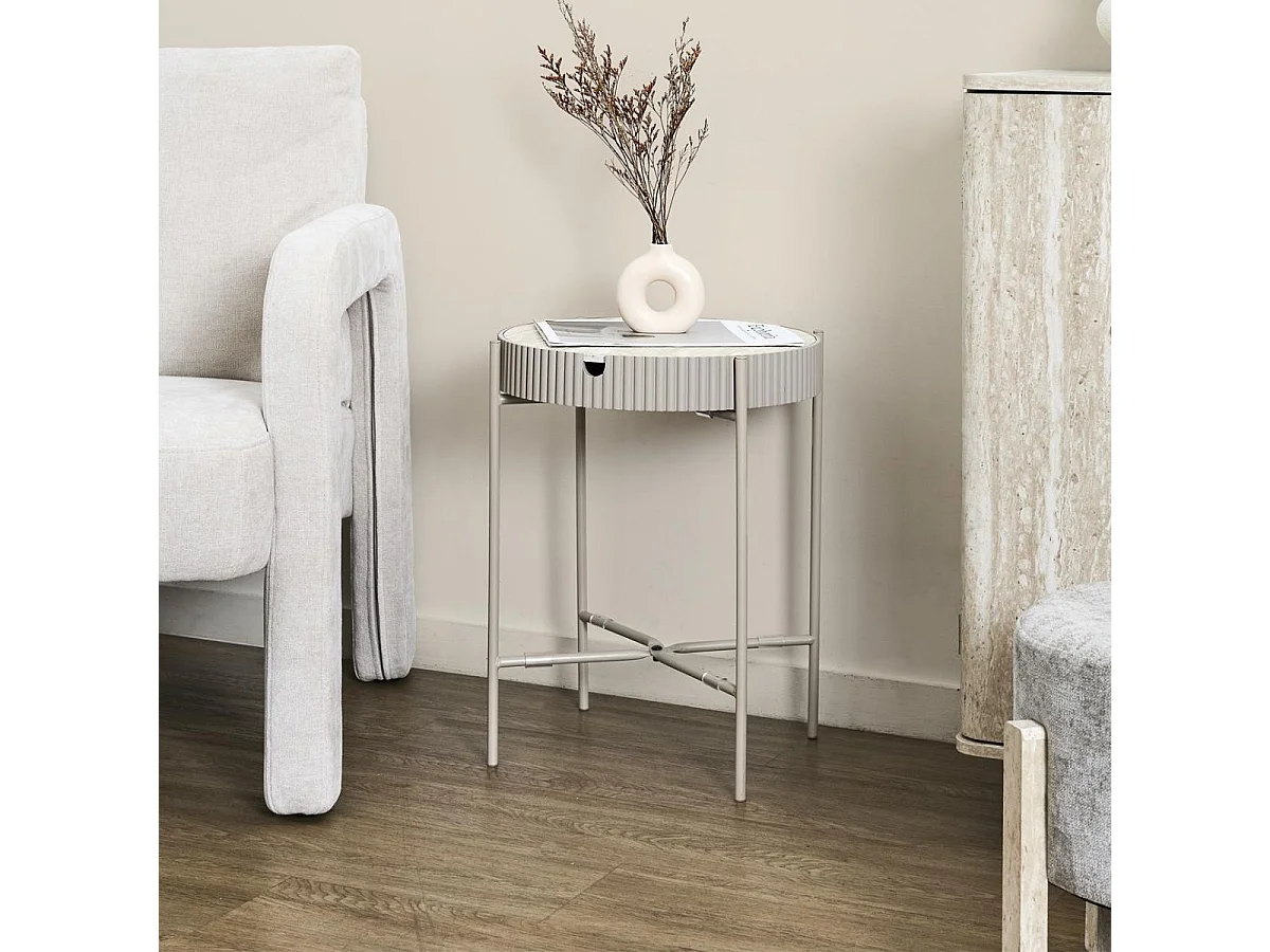 Table d'appoint plateau amovible aspect pierre naturelle piétement métal laqué beige - SHANON