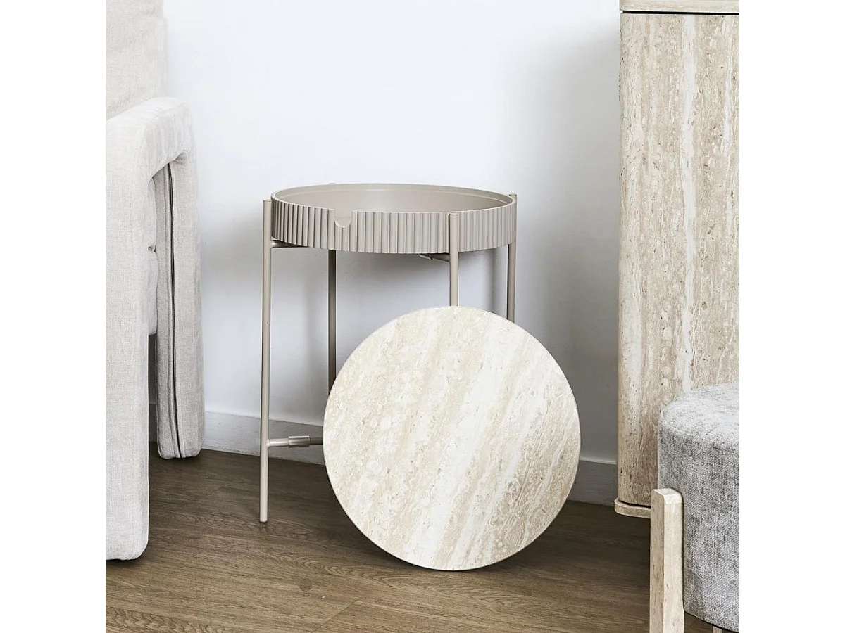 Table d'appoint plateau amovible aspect pierre naturelle piétement métal laqué beige - SHANON
