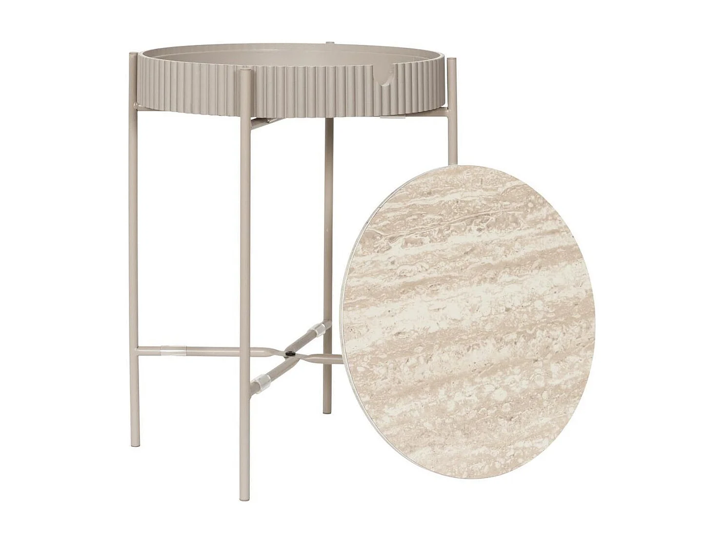 Table d'appoint plateau amovible aspect pierre naturelle piétement métal laqué beige - SHANON