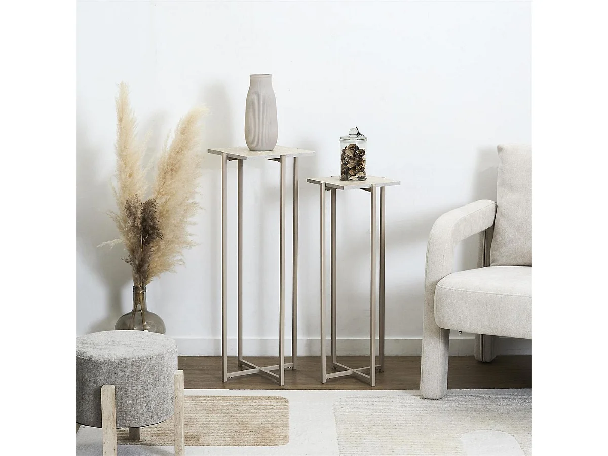 Sellettes gigogne plateaux aspect pierre naturelle piétements métal laqué beige - SHANON