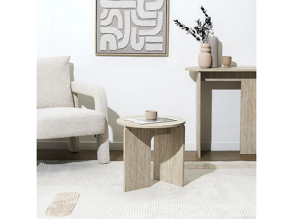 Table d'appoint Ø45cm plateau et piétements en MDF aspect travertin - VERTINA