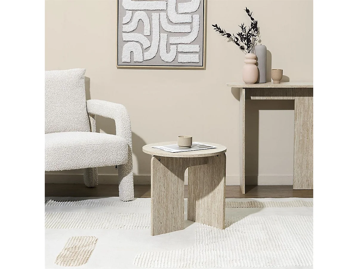 Table d'appoint Ø45cm plateau et piétements en MDF aspect travertin - VERTINA