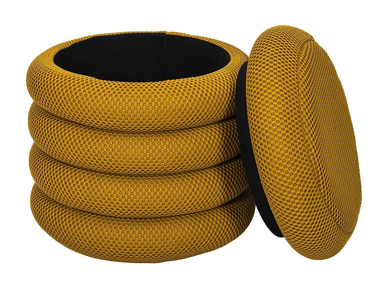 Pouf rangement rond en tissu texturé maille 3D jaune - ELECTRON