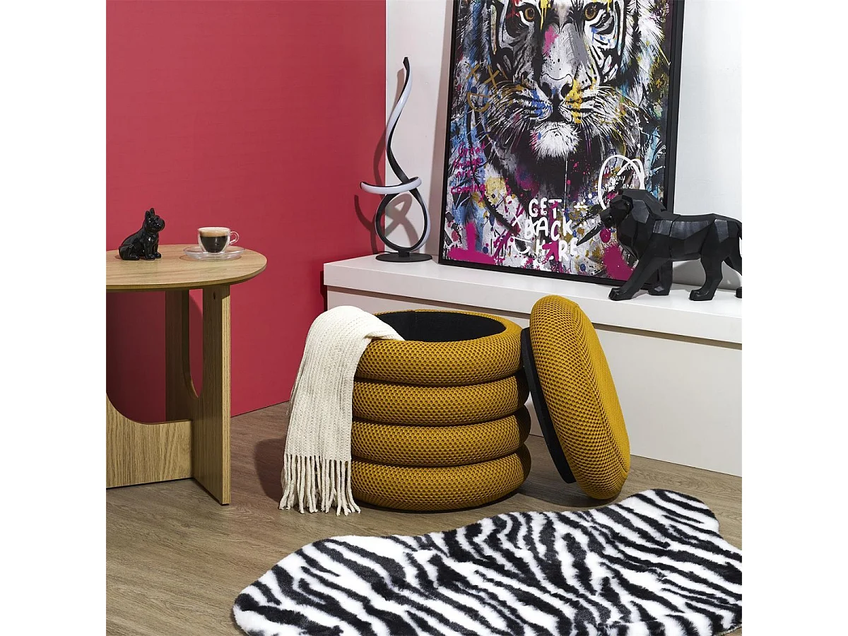 Pouf rangement rond en tissu texturé maille 3D jaune - ELECTRON