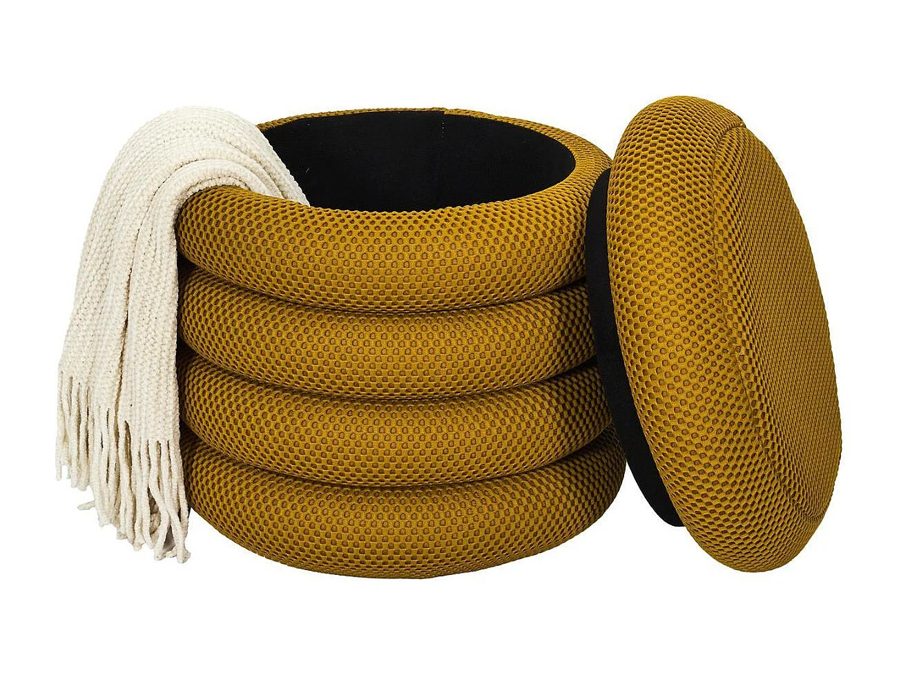 Pouf rangement rond en tissu texturé maille 3D jaune - ELECTRON