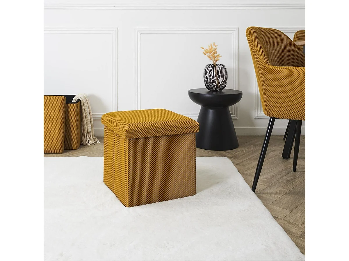 Pouf coffre carré pliable en tissu texturé maille 3D jaune - ELECTRON