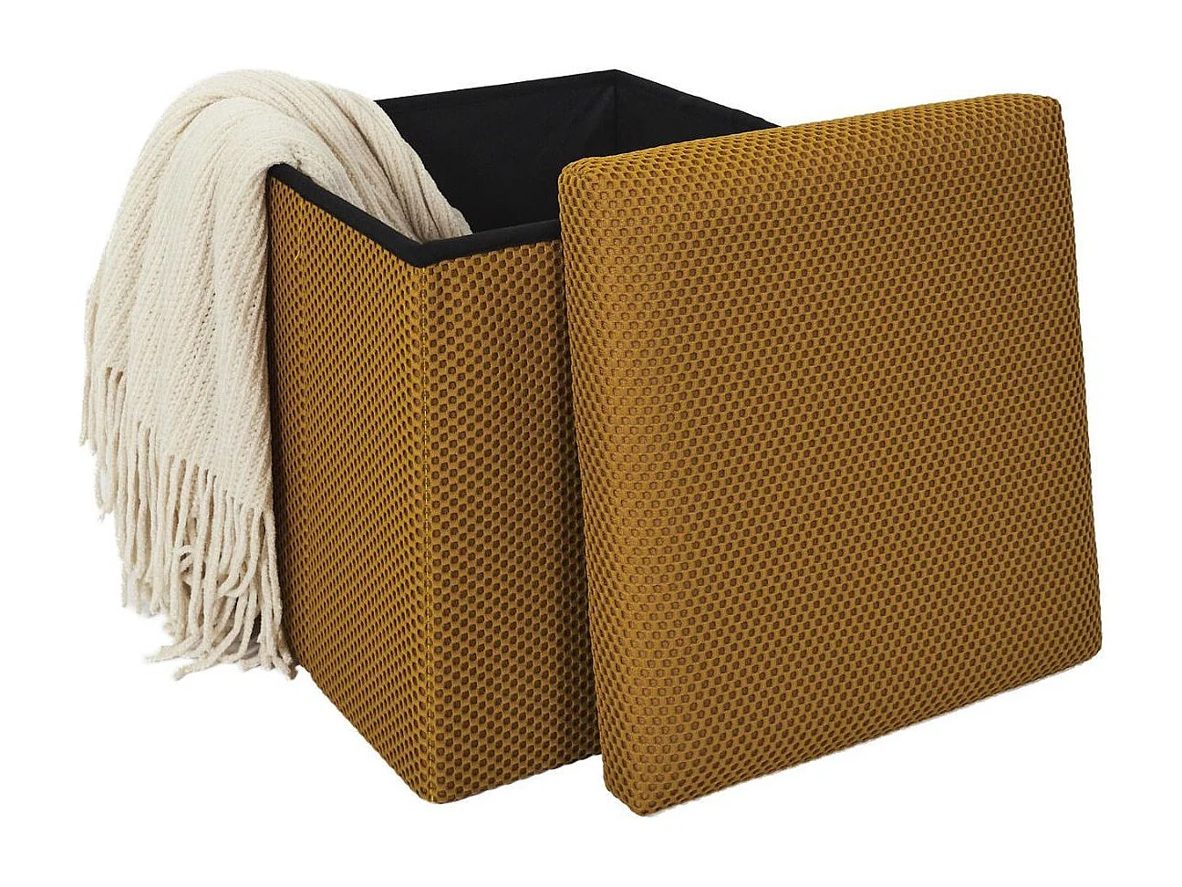 Pouf coffre carré pliable en tissu texturé maille 3D jaune - ELECTRON