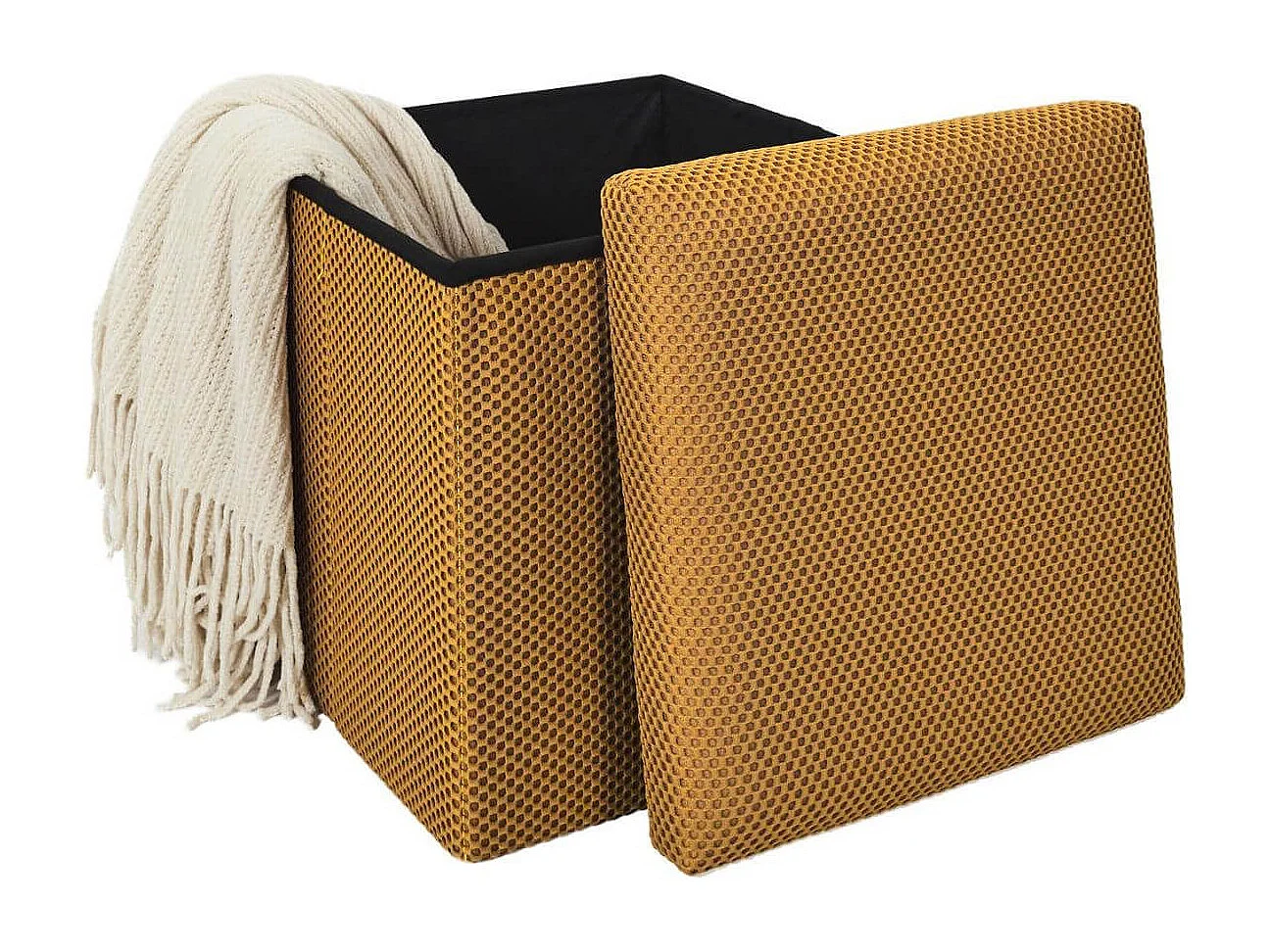 Pouf coffre carré pliable en tissu texturé maille 3D jaune - ELECTRON