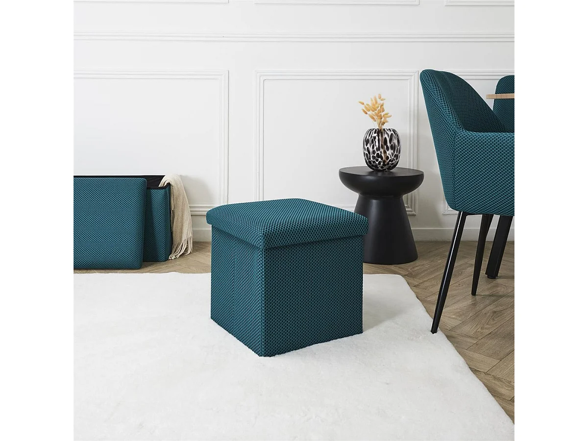 Pouf coffre carré pliable en tissu texturé maille 3D bleu - ELECTRON