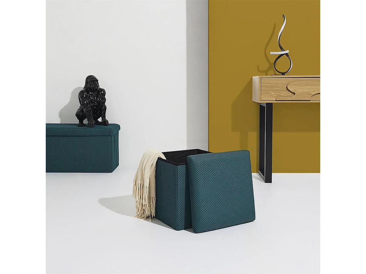 Pouf coffre carré pliable en tissu texturé maille 3D bleu - ELECTRON