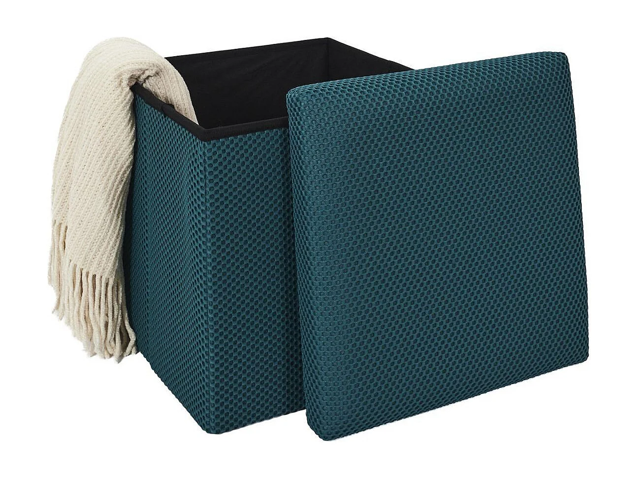 Pouf coffre carré pliable en tissu texturé maille 3D bleu - ELECTRON