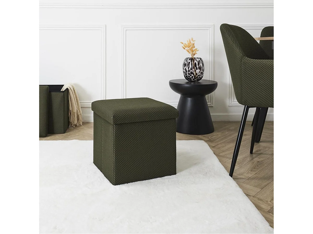 Pouf coffre carré pliable en tissu texturé maille 3D kaki - ELECTRON