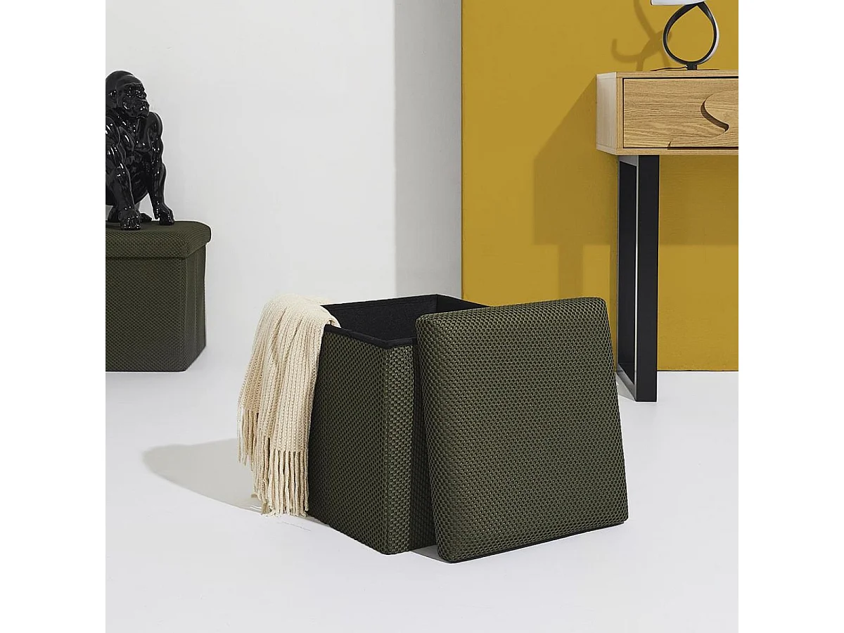 Pouf coffre carré pliable en tissu texturé maille 3D kaki - ELECTRON
